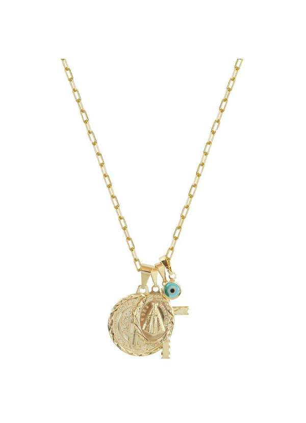 Piuka - Colar Longo Medalha Martha Amuletos Folheada a Ouro 18k Dourado