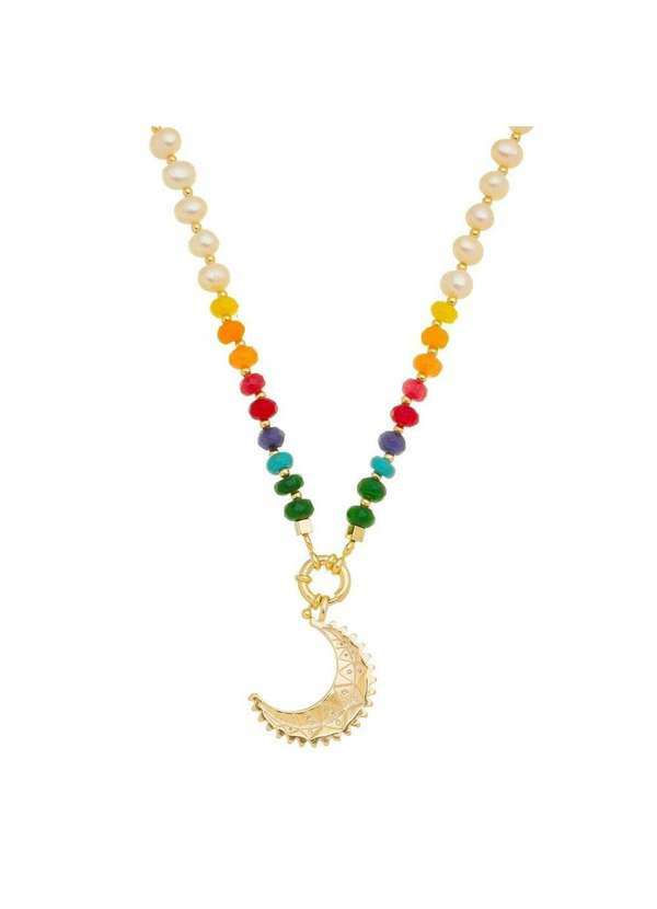 Piuka - Colar Lua Perola de Agua Doce Pedras Folheada a Ouro 18k Dourado