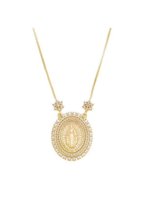 Piuka - Colar N.S. das Gracas Medalha Oval Zirconia Folheada a Ouro 18k Dourado