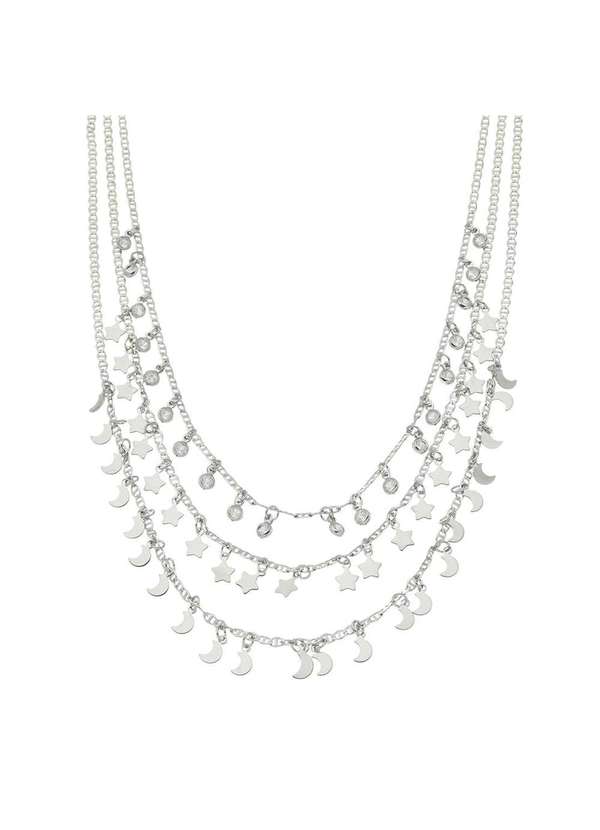 Piuka - Colar Voltas Estrela e Lua Zirconias Folheado em Rodio Branco Branco
