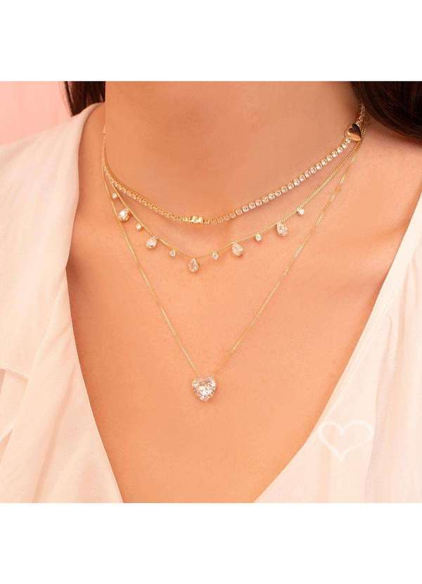 Piuka - Conjunto Colar e Brinco Coracao Zirconia Folheada a Ouro 18k Dourado 2