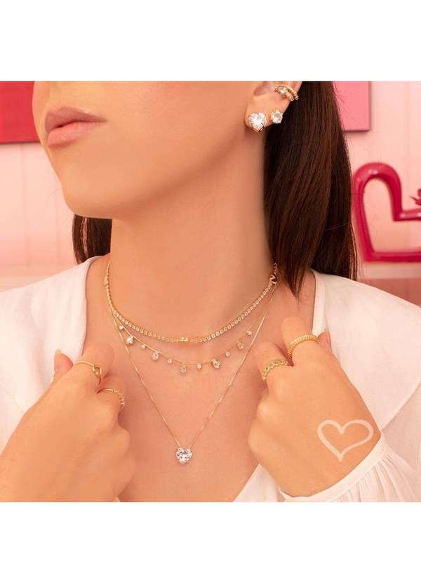 Piuka - Conjunto Colar e Brinco Coracao Zirconia Folheada a Ouro 18k Dourado 3