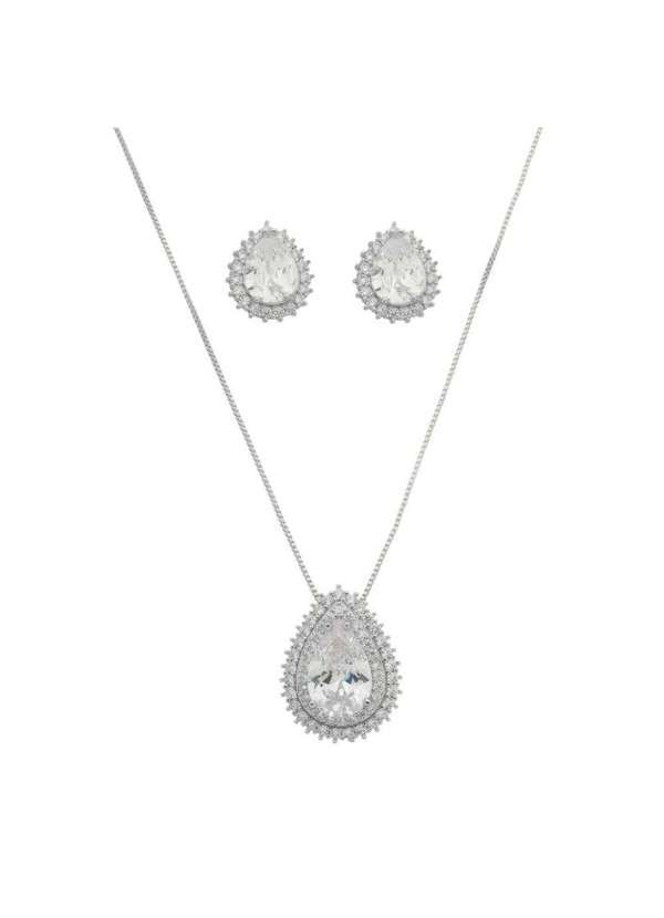 Piuka - Conjunto Colar e Brinco Gota Zirconia Folheado em Rodio Branco Prata