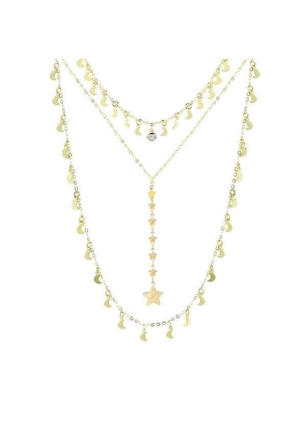 Piuka - Mix 3 Colares Eclipse Lua e Estrelas Folheado a Ouro 18k Dourado