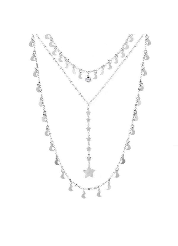 Piuka - Mix 3 Colares Eclipse Lua e Estrelas Folheado em Rodio Branco Prata