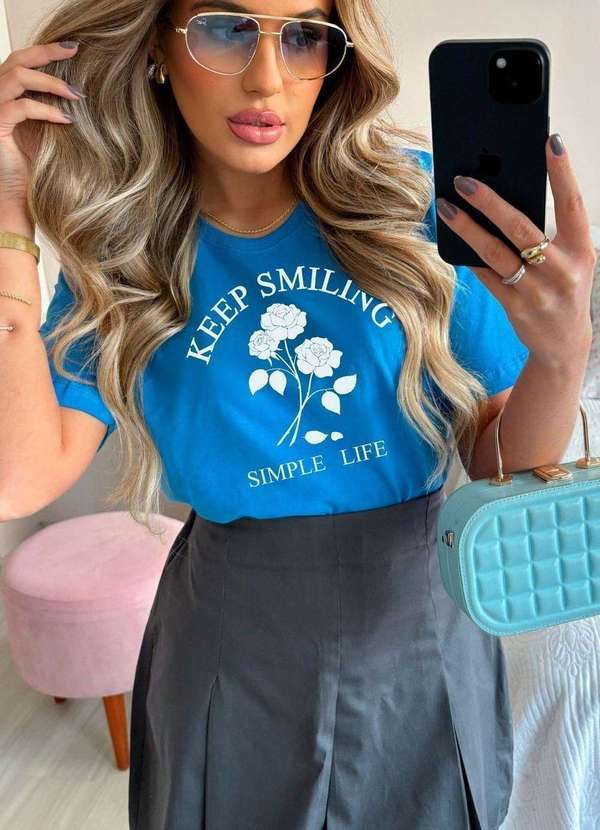 Cianitas - Camiseta Feminina Azul Royal Keep Smiling Azul