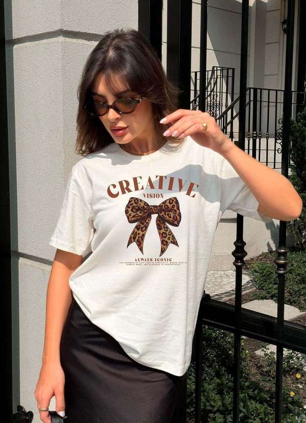 Cianitas - Camiseta Feminina Off Laço Animal Print Bege