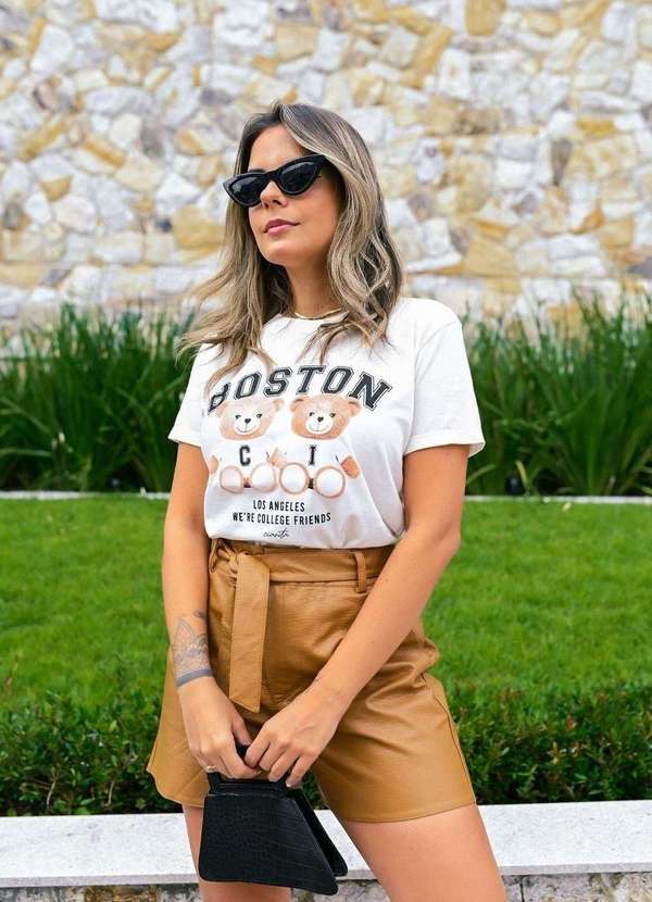 Cianitas - T-Shirt Feminina Off Boston Urso Bege