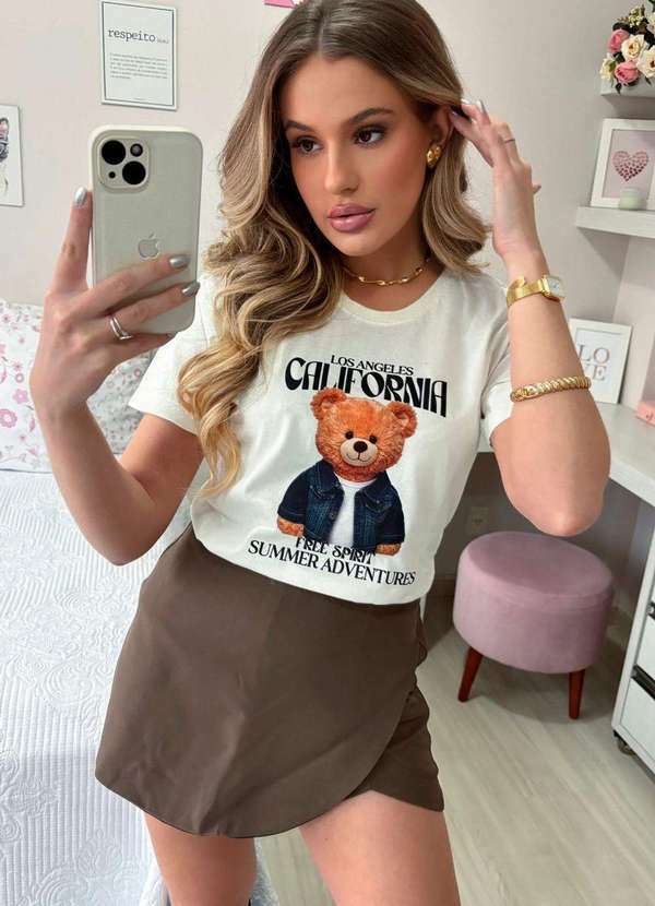 Cianitas - T-Shirt Feminina Off Urso California Bege