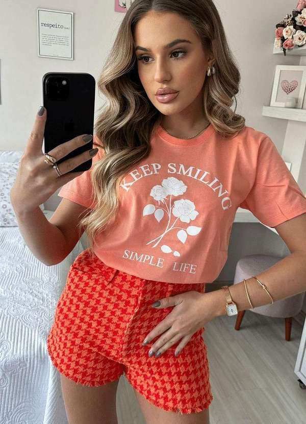 Cianitas - T-Shirt Feminina Pessego Keep Smiling Laranja