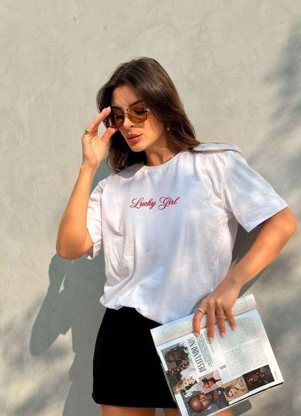 Cianitas - T-Shirt Over Branca Lucky Girl Branco