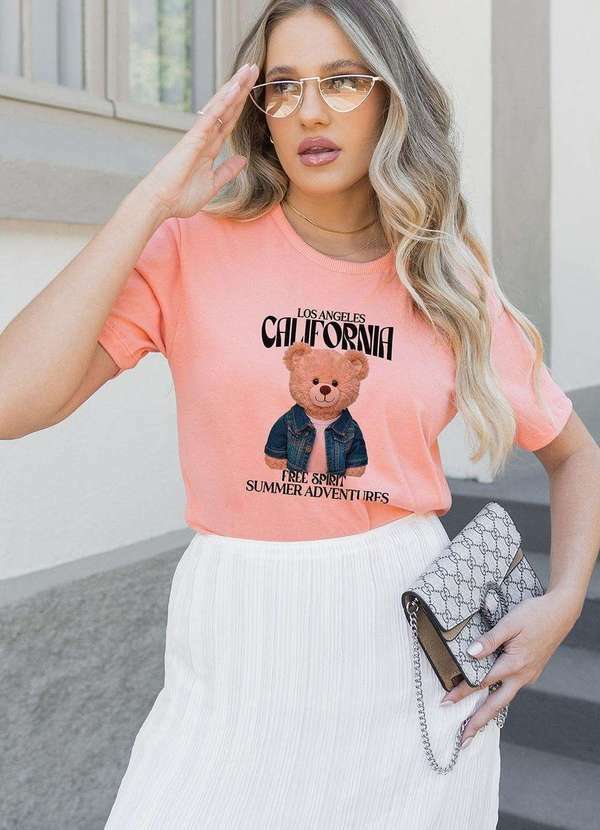 Cianitas - T-Shirt Feminina Pessego Urso California Laranja