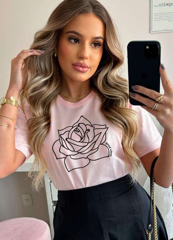 Cianitas - T-Shirt Rosa Bebe Rosa Desenhada Rosa