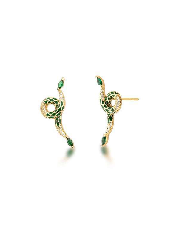 Mônica Rizzi - Brinco de Cobra com Zirconias Cristal Verde e Banhado em Ouro Dourado