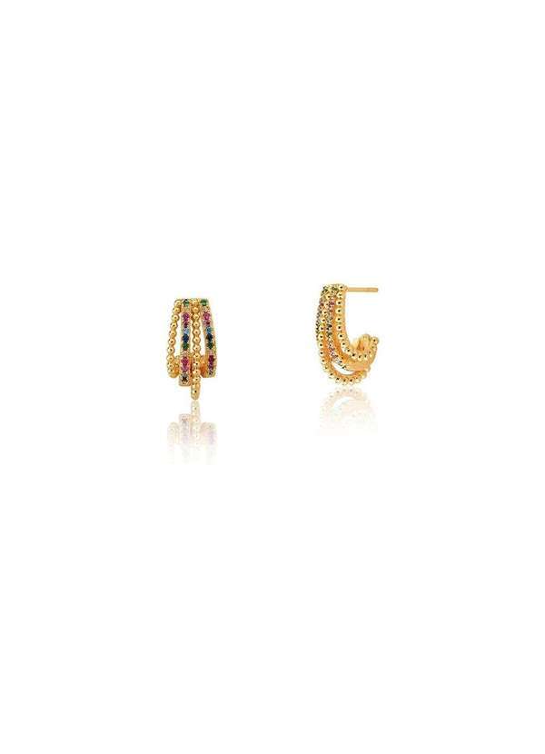 Mônica Rizzi - Brinco Meia Argola Curvo Zirconias Coloridas Banhado Ouro Dourado