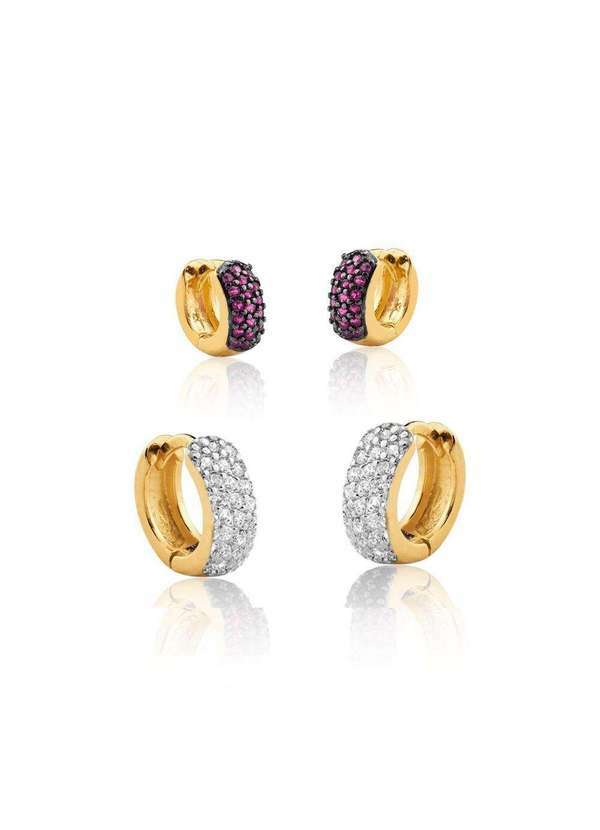 Mônica Rizzi - Conjunto Brinco Argolas Zirconias Brancas e Rubi Banhado Ouro Dourado