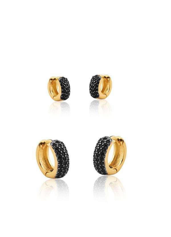 Mônica Rizzi - Conjunto Brinco Argolas Zirconias Negras Dourado