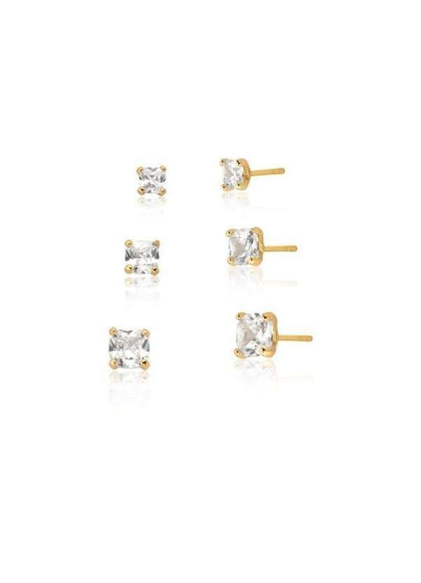 Mônica Rizzi - Kit Trio Brincos Ponto de Luz Cristal Banhado Ouro Semijoias Dourado