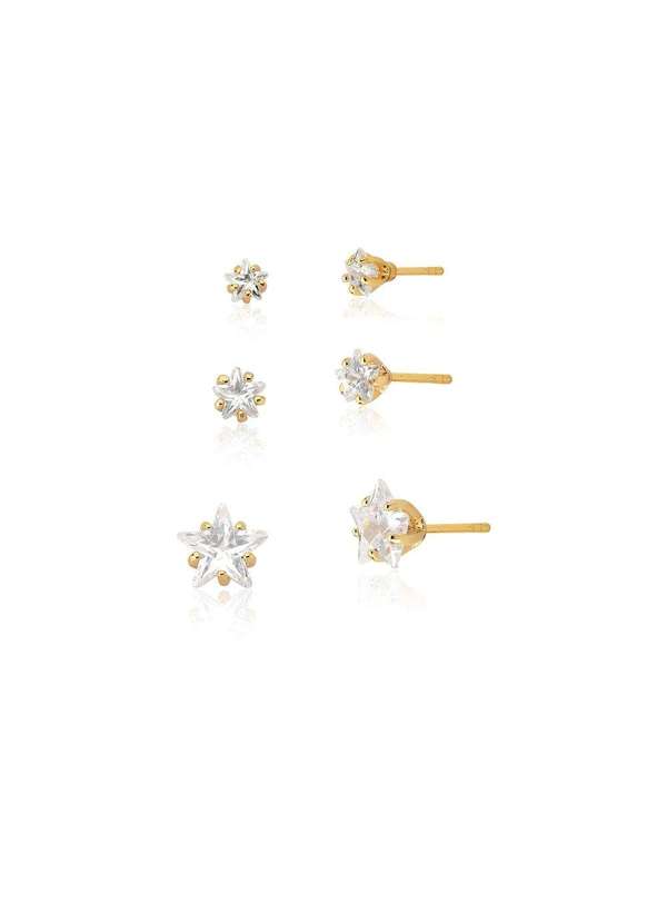 Mônica Rizzi - Kit Trio de Brincos Ponto de Luz Estrela em Cristal Banhado Ouro Dourado
