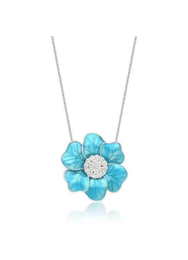 Mônica Rizzi - Colar com Pingente Flor Esmaltado na Cor Azul Folheada a Rodio Prata
