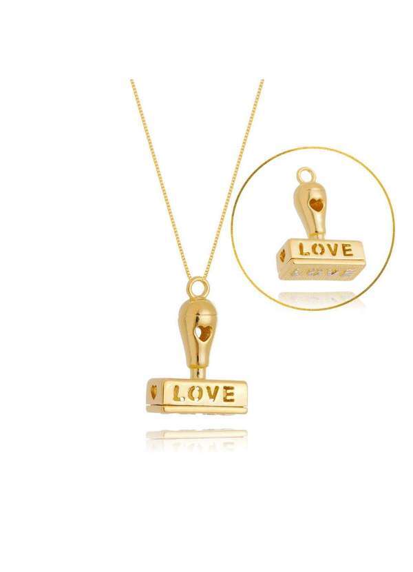 Mônica Rizzi - Colar de Carimbo Love Detalhe Coracao Banhado Ouro Semijoia Dourado