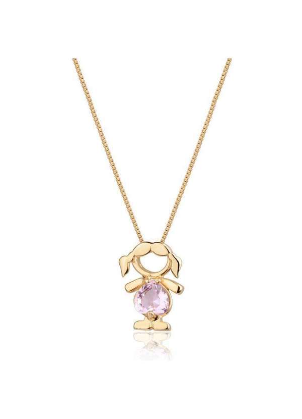 Mônica Rizzi - Colar de Filha Menina Cristal Rosa Banhado em Ouro Semijoia Dourado
