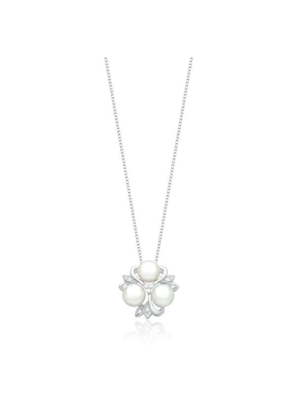 Mônica Rizzi - Colar Pingente Flor 3 Perolas e Zirconias em Rodio Prata