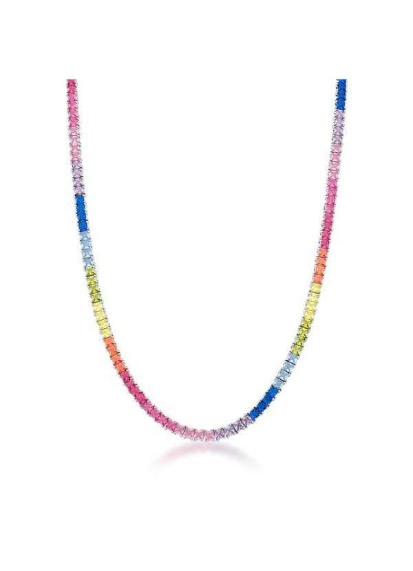 Mônica Rizzi - Colar Riviera Zirconias 4mm Quadradas Coloridas Rainbow Rodio Prata