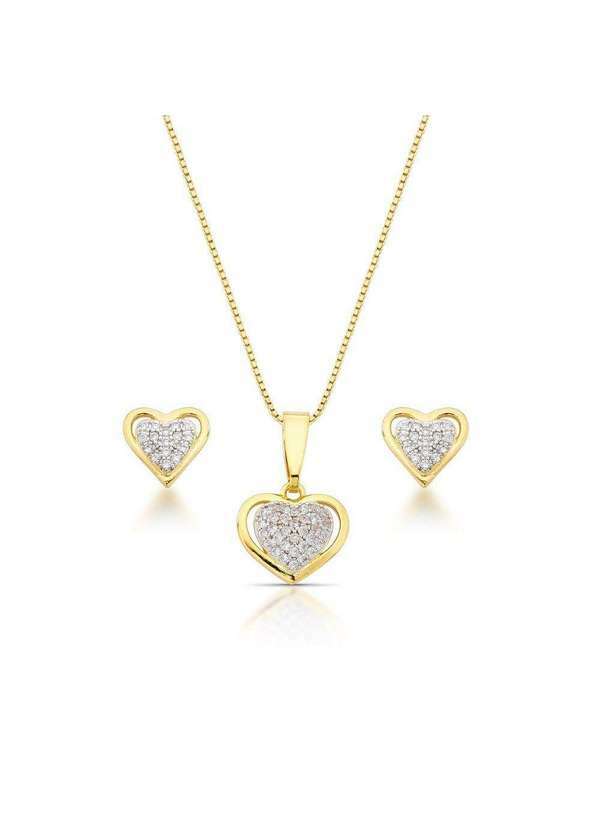 Mônica Rizzi - Conjunto Colar e Brinco Coracao com Zirconias Banhado Ouro 18k Dourado