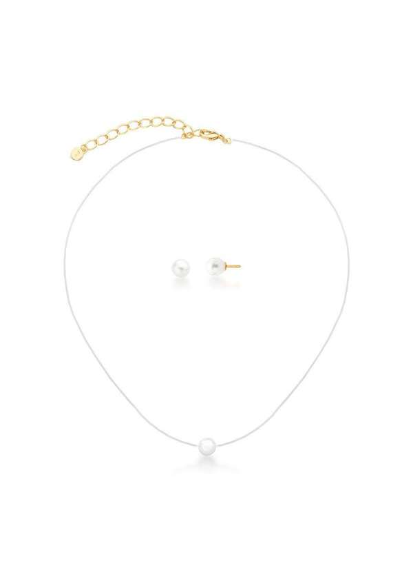 Mônica Rizzi - Conjunto Colar Fio de Nylon e Brinco de Perolas Lili Banho Ouro Dourado