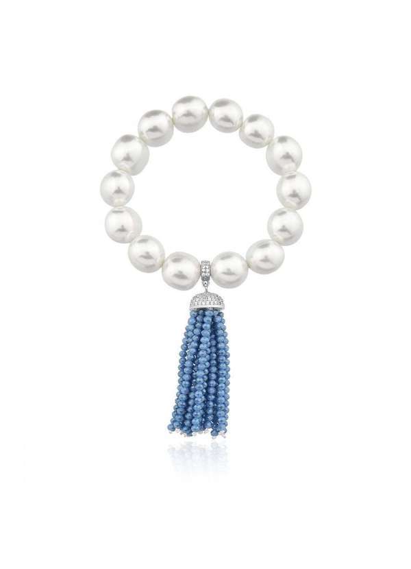 Mônica Rizzi - Pulseira Perolas Shell Jackie Tassel Cristais Azul e Zirconias Prata