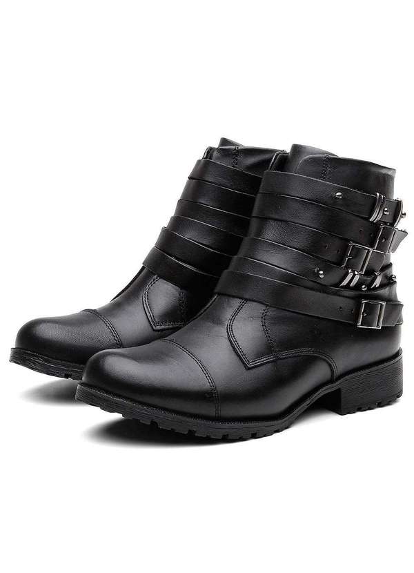 Bota Feminina Cano Curto Couro Salto Baixo Casual Fivela Preto