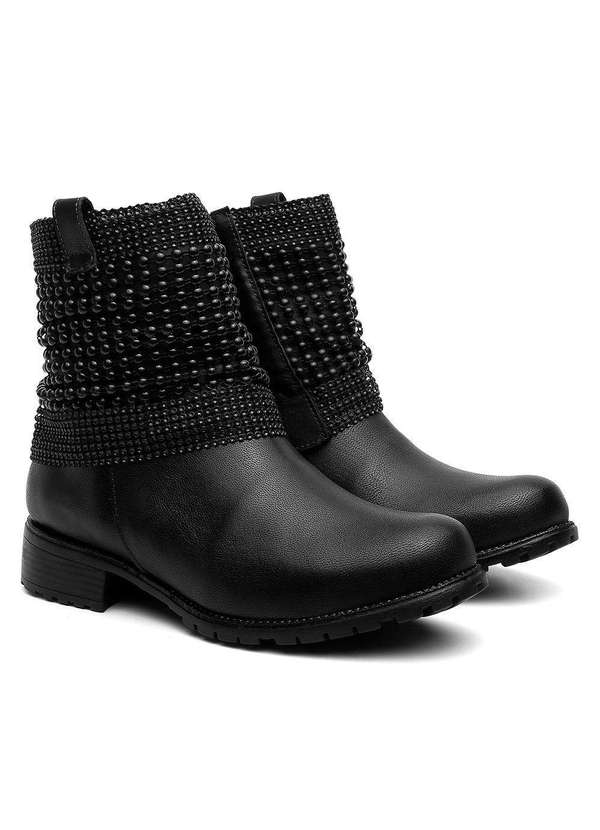 Bota Feminina Cano Curto Couro Salto Baixo Malha Metal Preto