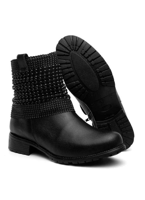 Bota Feminina Cano Curto Couro Salto Baixo Malha Metal Preto