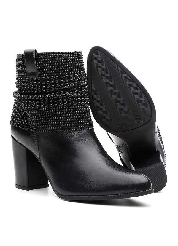 Bota Feminina Cano Curto Couro Salto Médio Malha Metal Preto