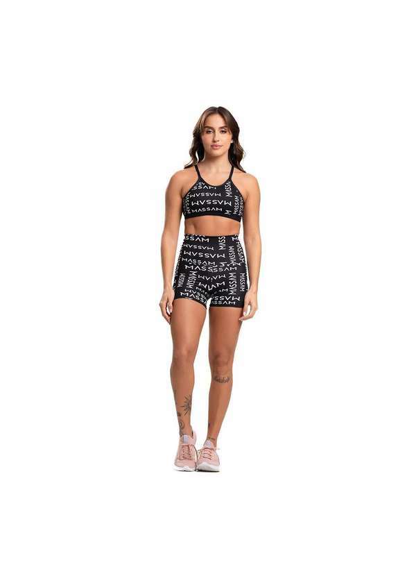 Massam Fitness - Conjunto Top e Short Poliamida Logomania Preto