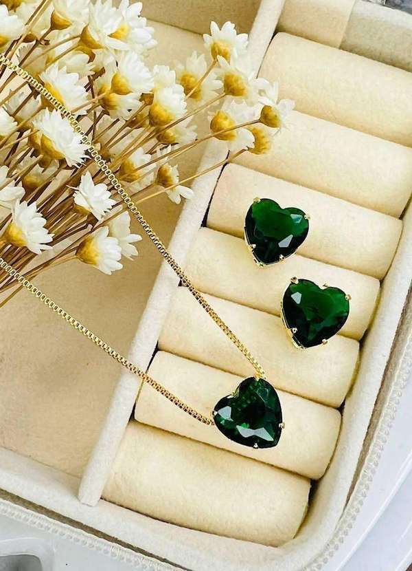 Mellow Brazil - Conjunto Folheado a Ouro Coracao Esmeralda Verde