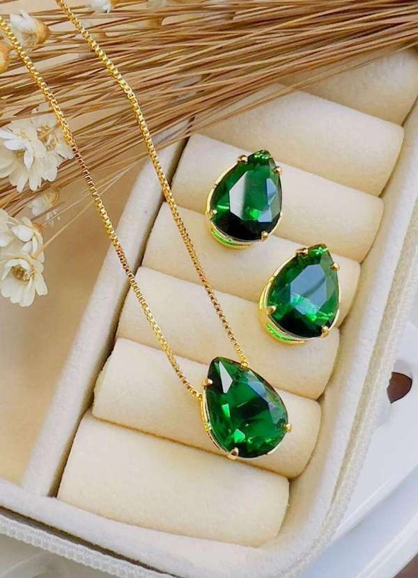 Mellow Brazil - Conjunto Folheado a Ouro Gota Esmeralda Verde