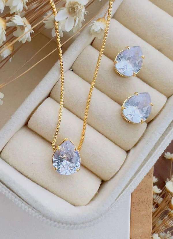 Mellow Brazil - Conjunto Folheado a Ouro Gota Zircônia Branco