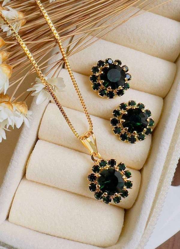 Mellow Brazil - Conjunto Folheado a Ouro Strass Esmeralda Verde