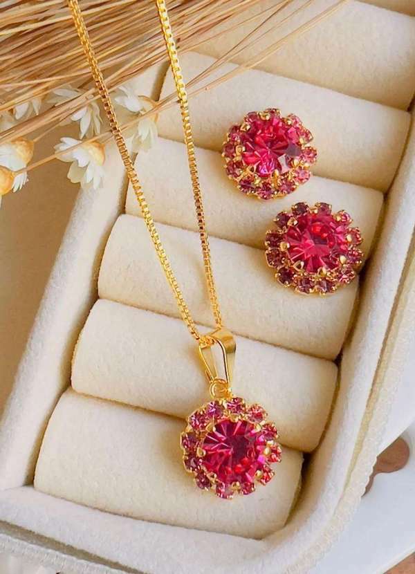 Mellow Brazil - Conjunto Folheado a Ouro Strass Pink Rosa