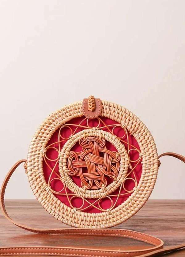Mellow Brazil - Bolsa de Praia de Rattan Estruturada com Forro - Barbados Vermelho