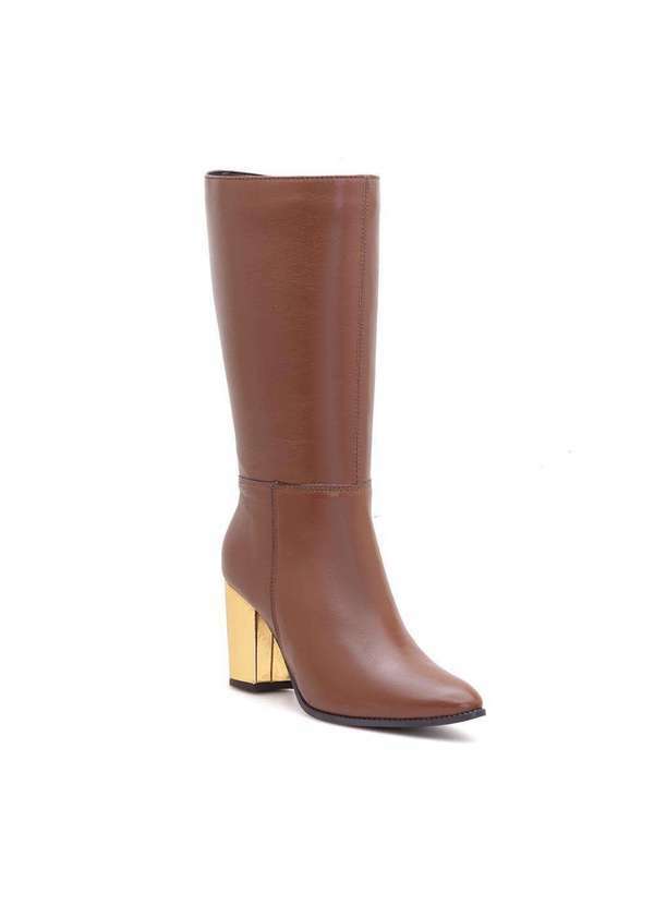 Via Miss - Bota Feminina Cano Alto Couro Bico Fino Salto Grosso Ziper Marrom