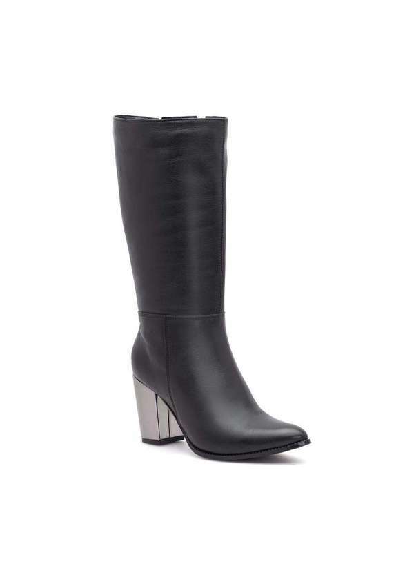 Via Miss - Bota Feminina Cano Alto Couro Bico Fino Salto Grosso Ziper Preto