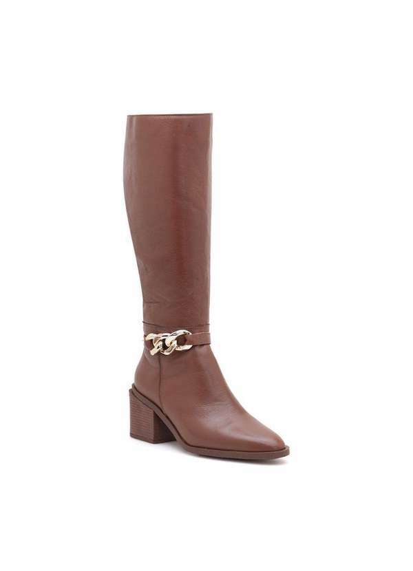 Via Miss - Bota Feminina Cano Alto Salto Baixo Couro Bico Fino Ziper Marrom