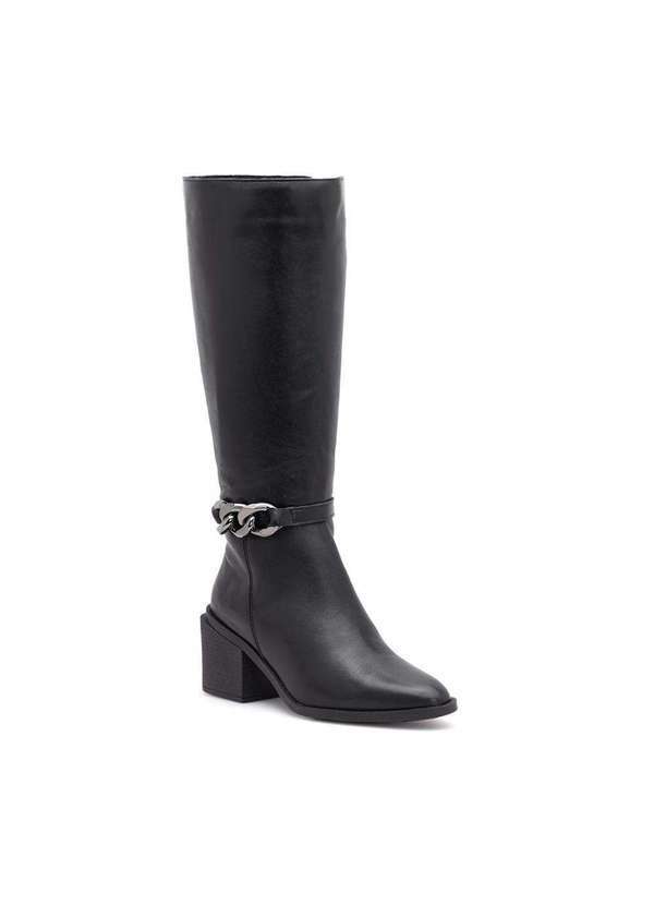 Via Miss - Bota Feminina Cano Alto Salto Baixo Couro Bico Fino Ziper Preto