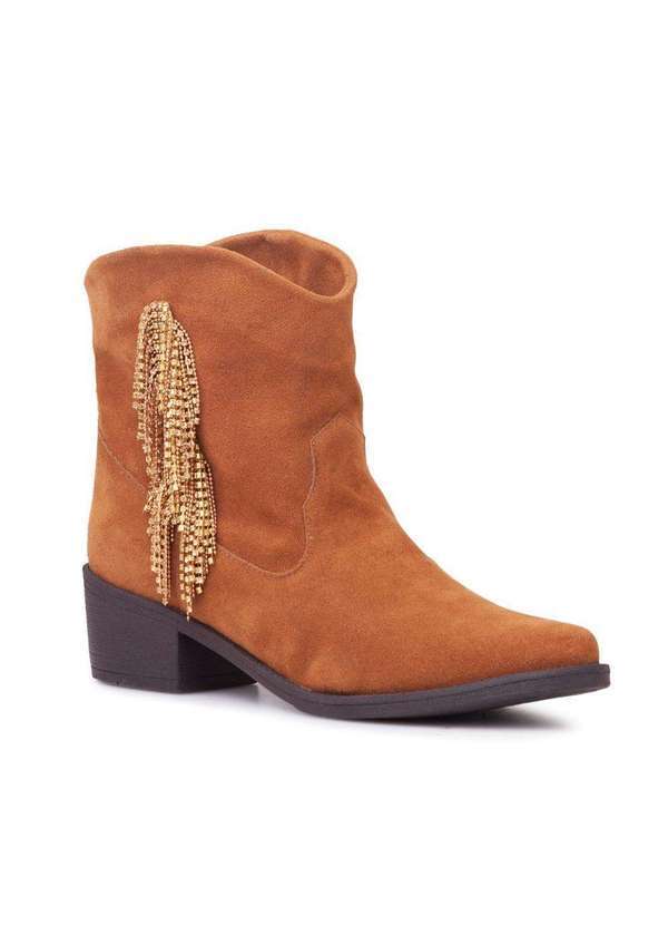 Via Miss - Bota Feminina Cano Curto Country Bico Fino Western Camurca Caramelo