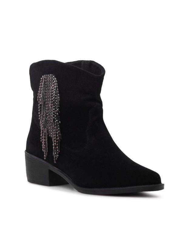 Via Miss - Bota Feminina Cano Curto Country Bico Fino Western Camurca Preto