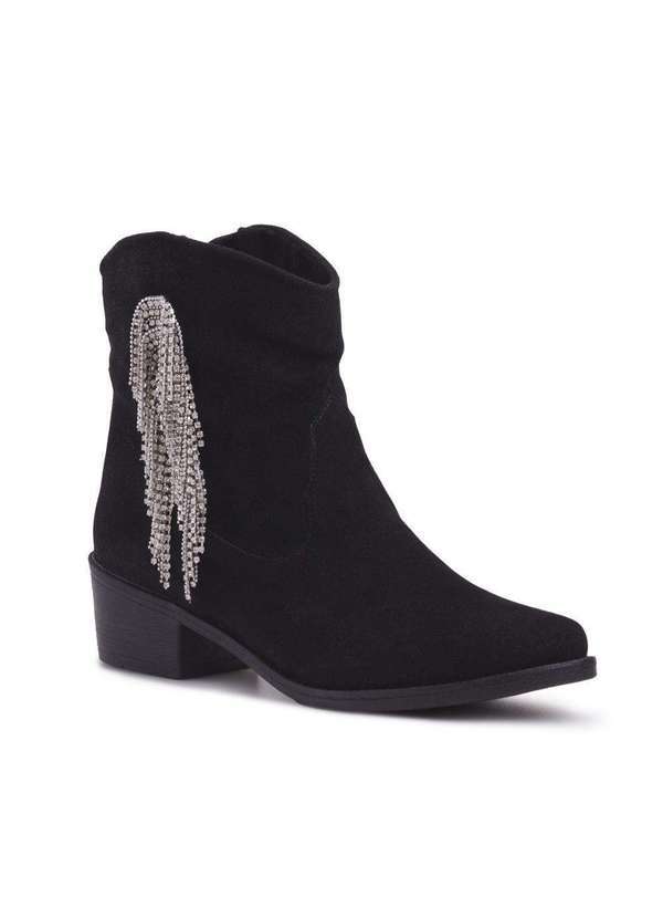 Via Miss - Bota Feminina Cano Curto Country Bico Fino Western Camurca Preto/Prata