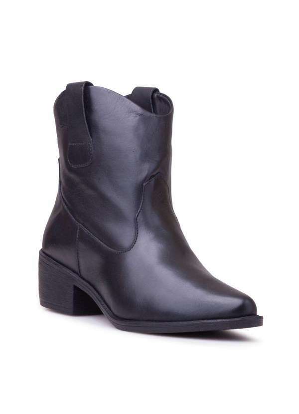 Via Miss - Bota Feminina Cano Curto Couro Bico Fino Country Conforto Preto